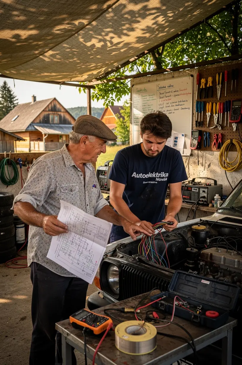 Mechanik s tabletom analyzuje výsledky diagnostiky elektrických systémov auta